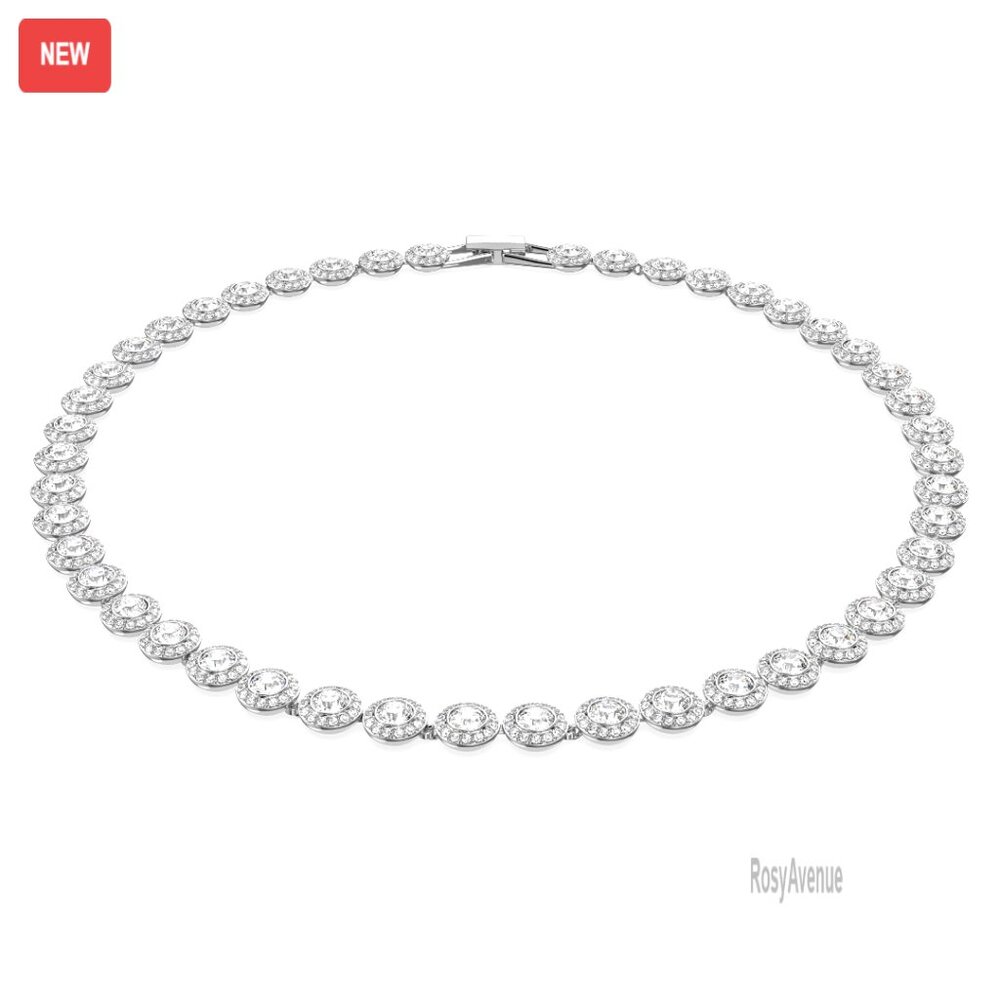 Delicate Rhodium Plated Crystal Necklace, 15 Inch Chain, 45 Sparkling Stones